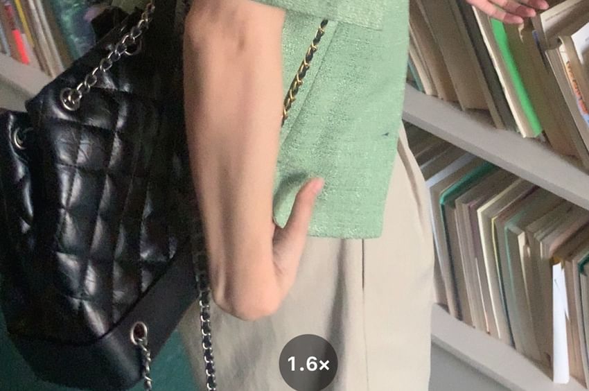 Short Sleeve Round Neck Plain Tweed Slit Button Jacket