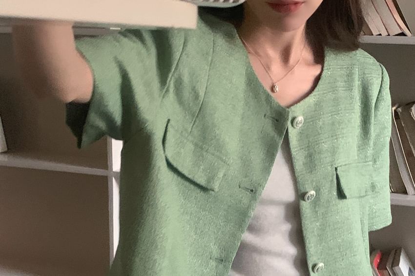 Short Sleeve Round Neck Plain Tweed Slit Button Jacket
