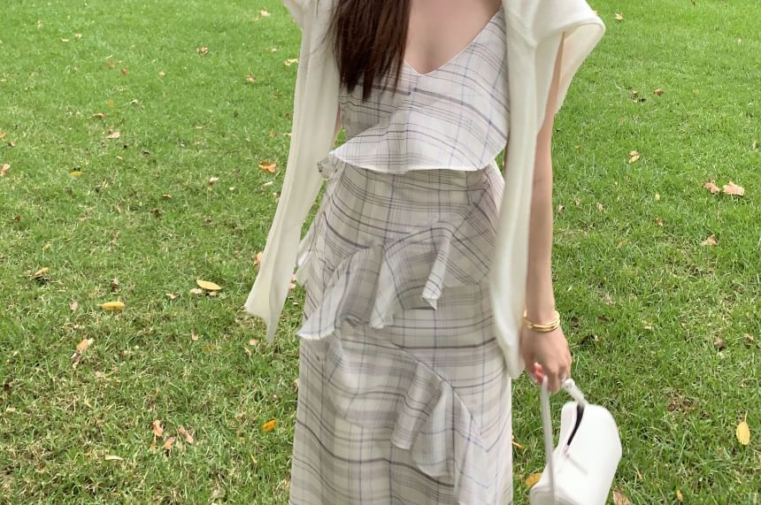 Spaghetti Strap Plaid Asymmetrical Ruffle Trim Midi A-Line Dress
