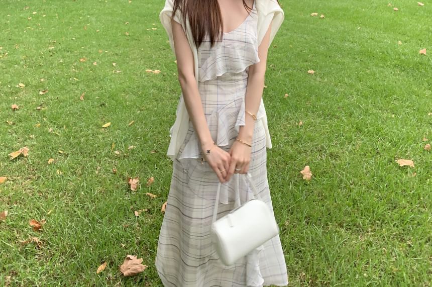 Spaghetti Strap Plaid Asymmetrical Ruffle Trim Midi A-Line Dress