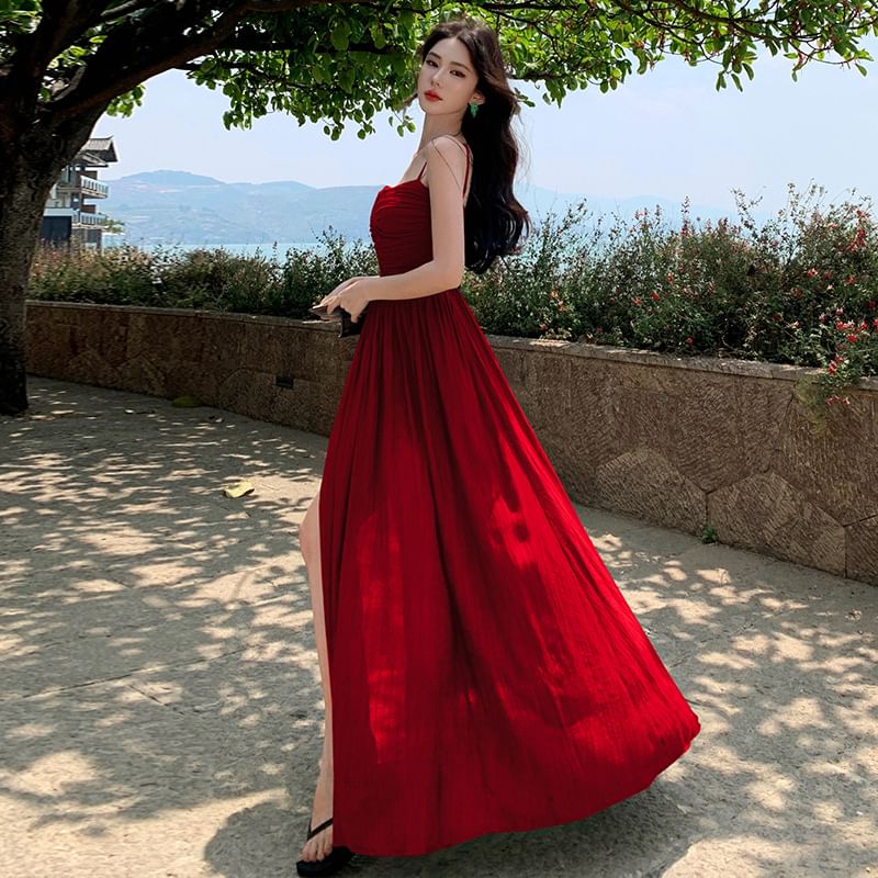 Spaghetti Strap Plain Ruched Slit Tie Back Maxi A-Line Dress