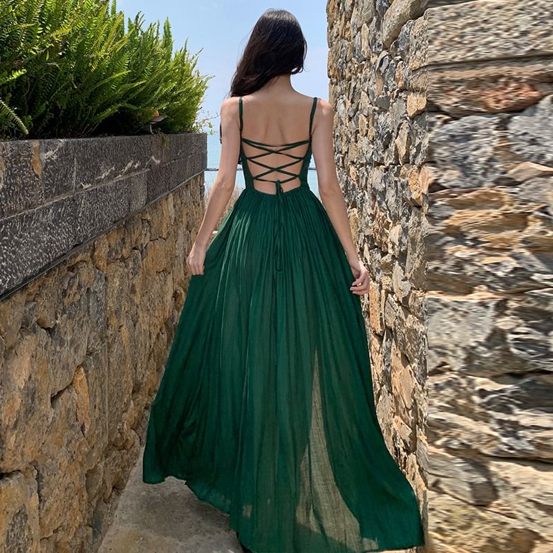 Spaghetti Strap Plain Ruched Slit Tie Back Maxi A-Line Dress