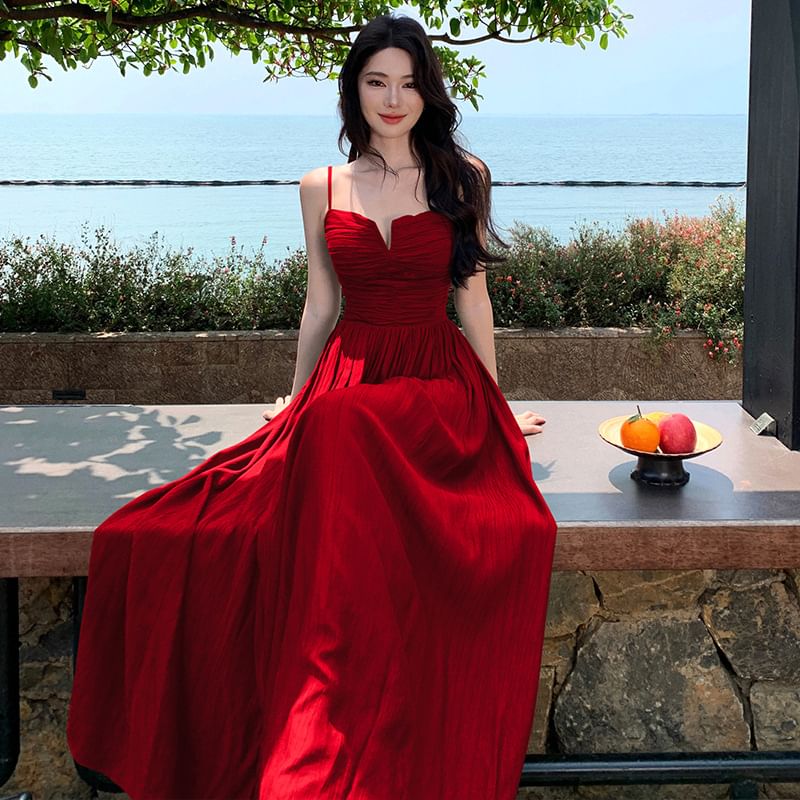 Spaghetti Strap Plain Ruched Slit Tie Back Maxi A-Line Dress