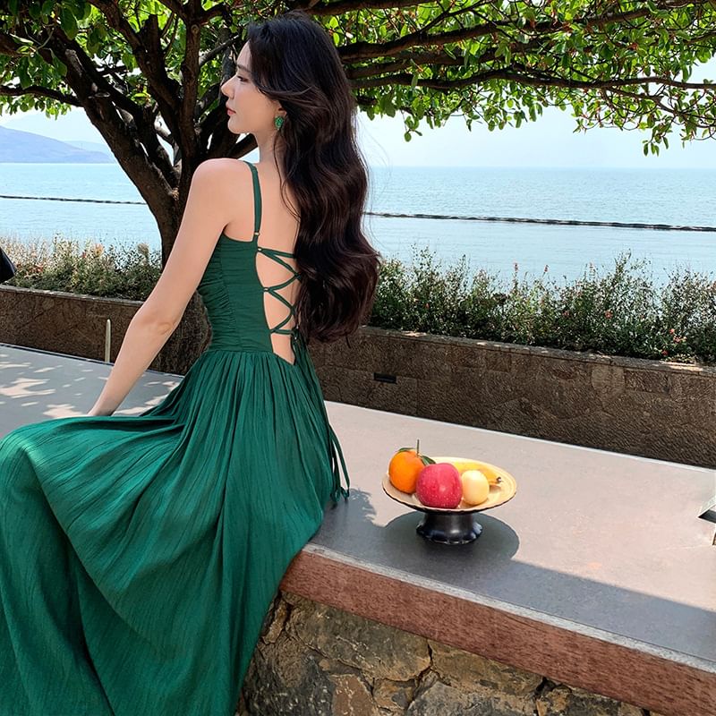 Spaghetti Strap Plain Ruched Slit Tie Back Maxi A-Line Dress