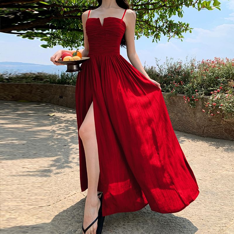 Spaghetti Strap Plain Ruched Slit Tie Back Maxi A-Line Dress