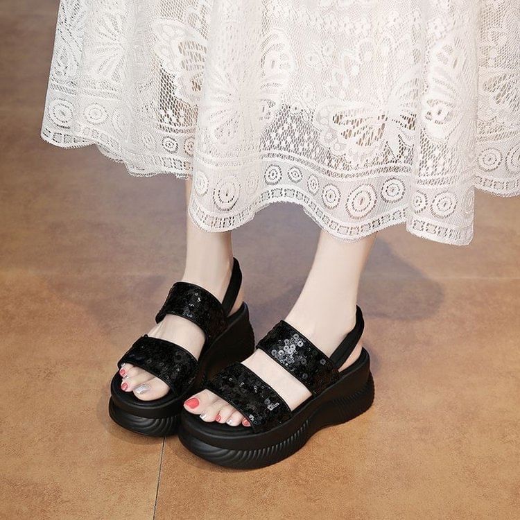 Platform Chunky Heel Sequined Sandals