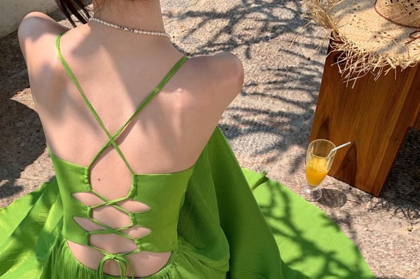 Spaghetti Strap Plain Tie Back Maxi A-Line Dress
