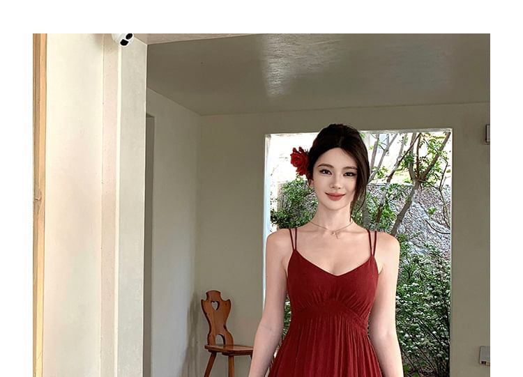 Spaghetti Strap V-Neck Plain Ruffle Tiered Maxi A-Line Dress