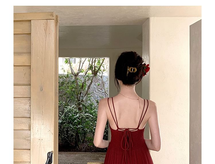 Spaghetti Strap V-Neck Plain Ruffle Tiered Maxi A-Line Dress