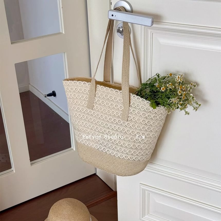 Tote Lace Straw Panel Bag