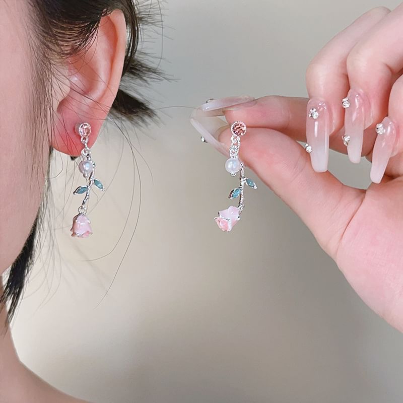 Pearl Earring Drop CZ Faux Flower