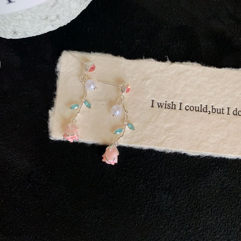 Pearl Earring Drop CZ Faux Flower