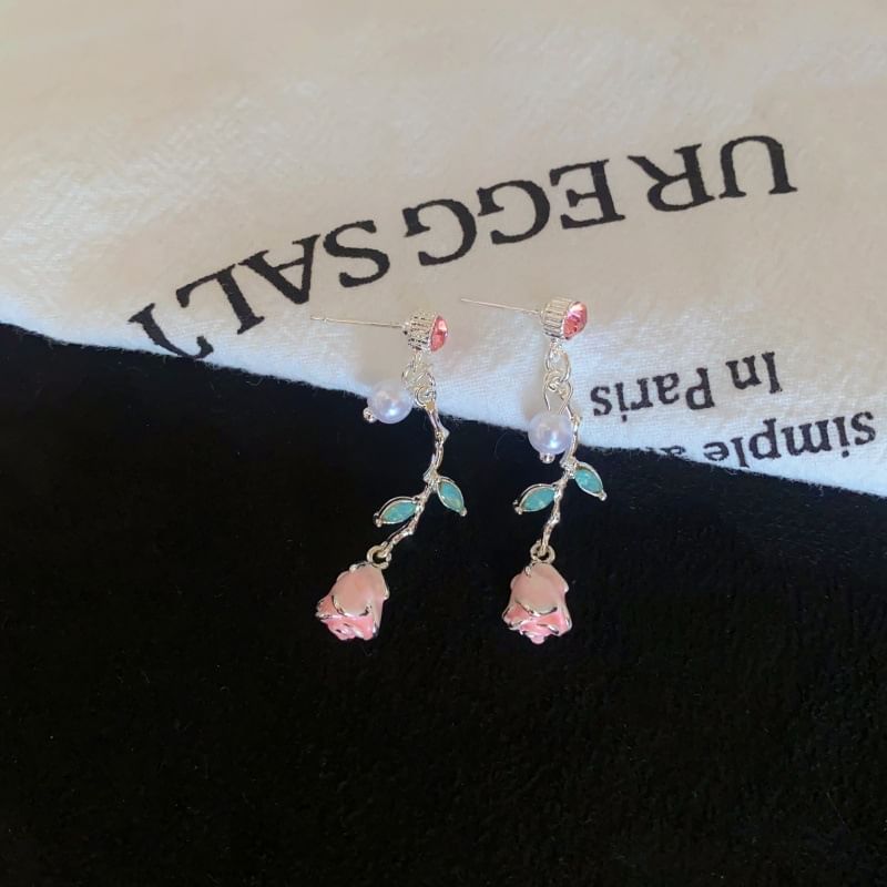 Pearl Earring Drop CZ Faux Flower