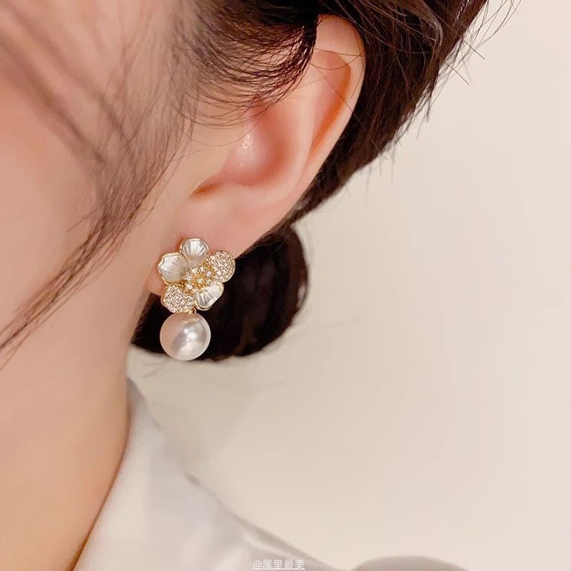 Pearl CZ Drop Earring Faux Flower