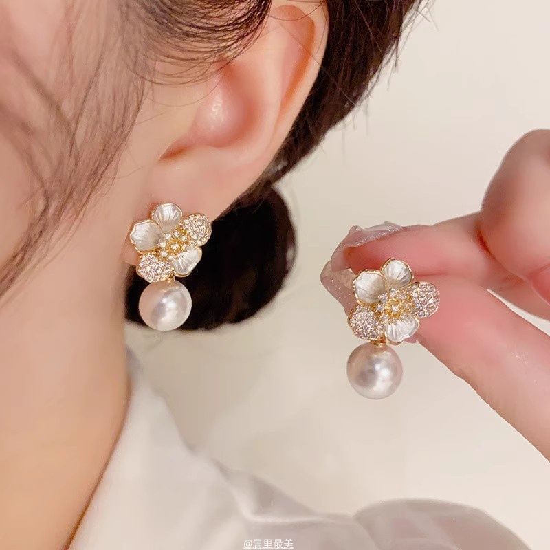 Pearl CZ Drop Earring Faux Flower