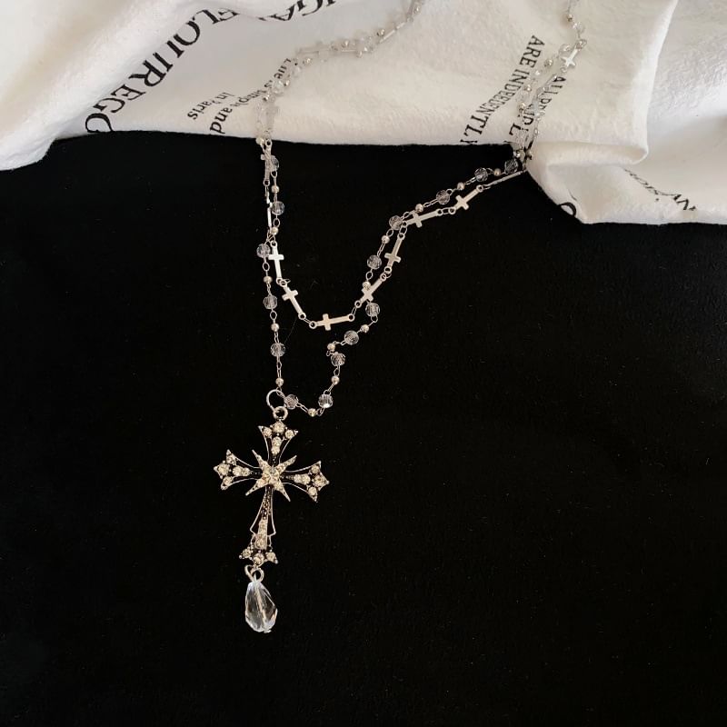 Cross Pendant Bead Necklace Layered CZ