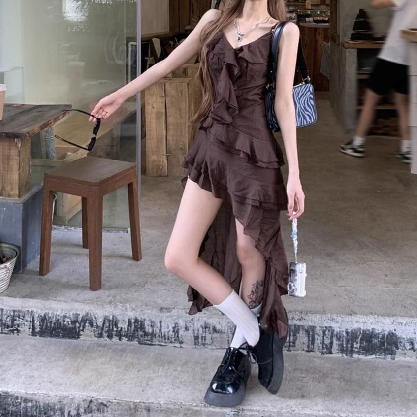 Asymmetrical V-Neck Dress Sleeveless A-Line