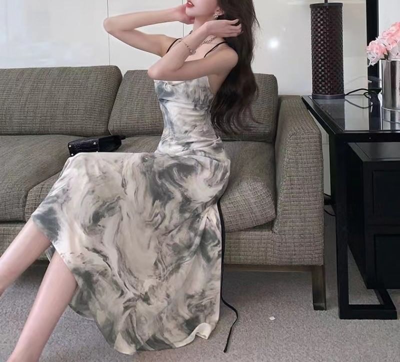 Spaghetti Strap Dress Maxi A-Line Print