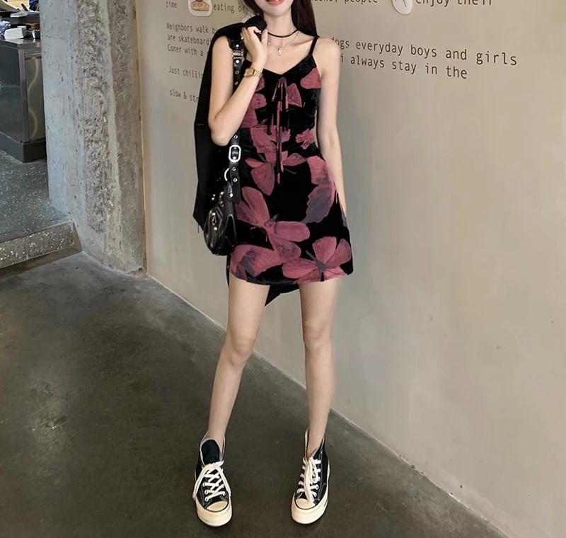 A-Line Strap Print Spaghetti Designs) Dress Floral V-Neck (Various