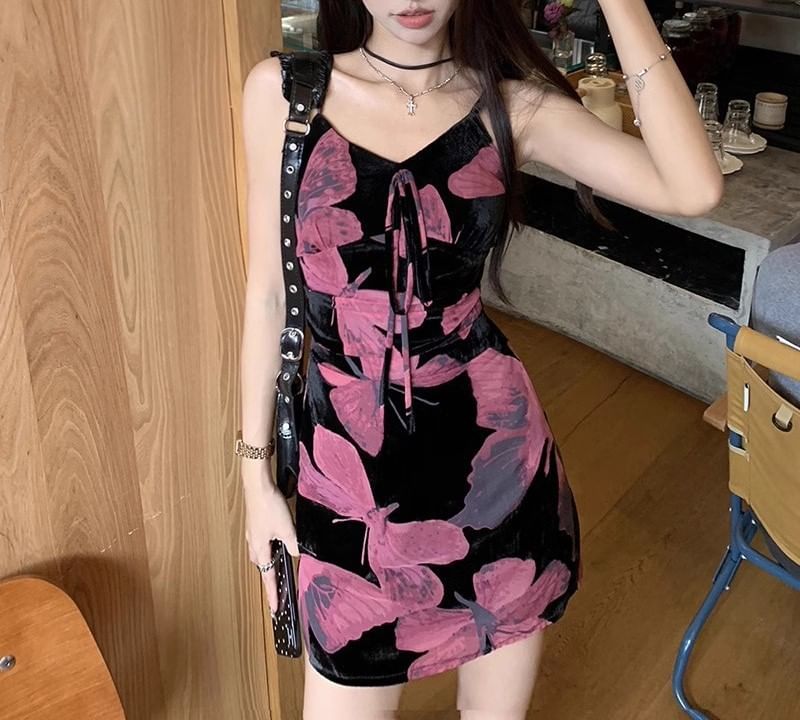 A-Line Strap Print Spaghetti Designs) Dress Floral V-Neck (Various