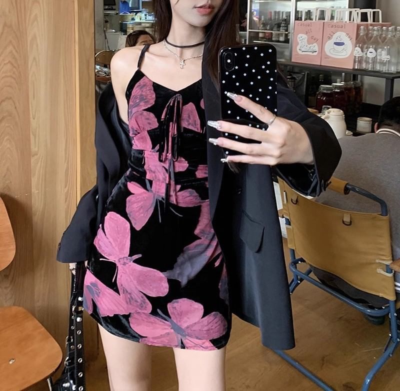 A-Line Strap Print Spaghetti Designs) Dress Floral V-Neck (Various