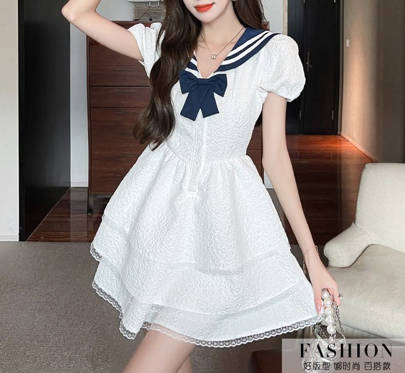 Mini Collar Short-Sleeve Dress A-Line Sailor