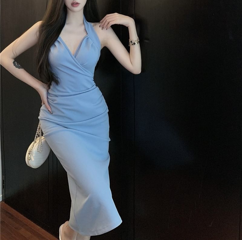 Plain Halter Maxi Neck Sheath Dress