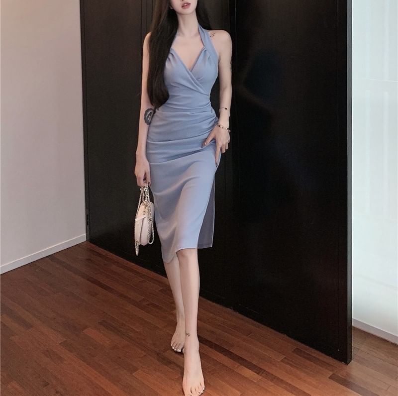Plain Halter Maxi Neck Sheath Dress