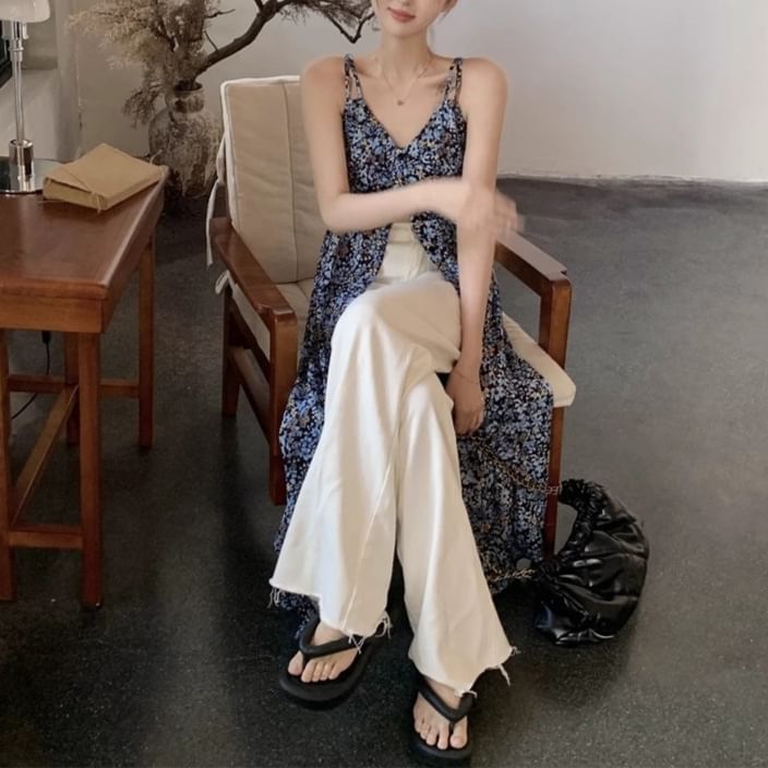 Dress Midi Floral Sleeveless A-Line V-Neck Print