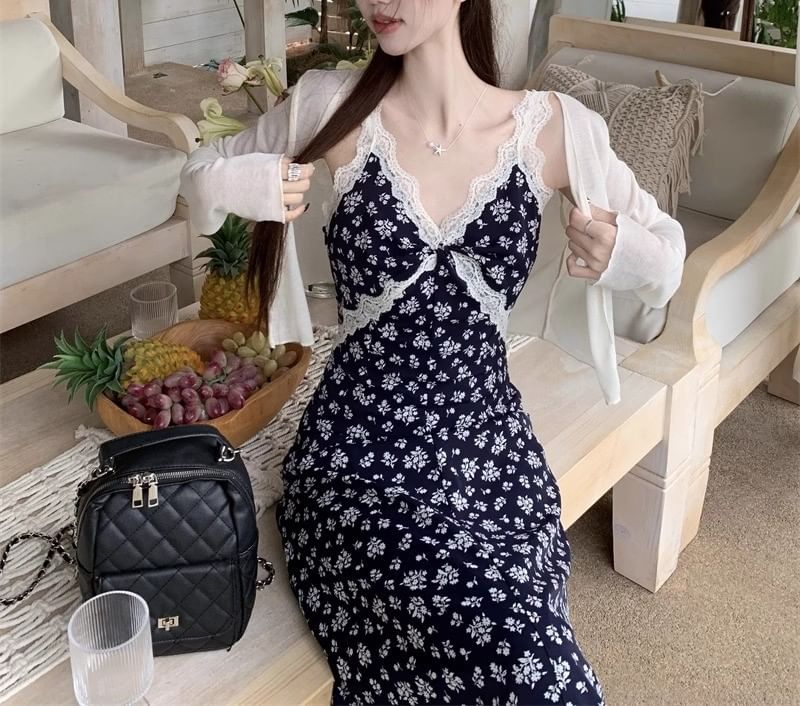 Dress Floral Maxi Print A-Line V-Neck Cardigan Sleeveless /