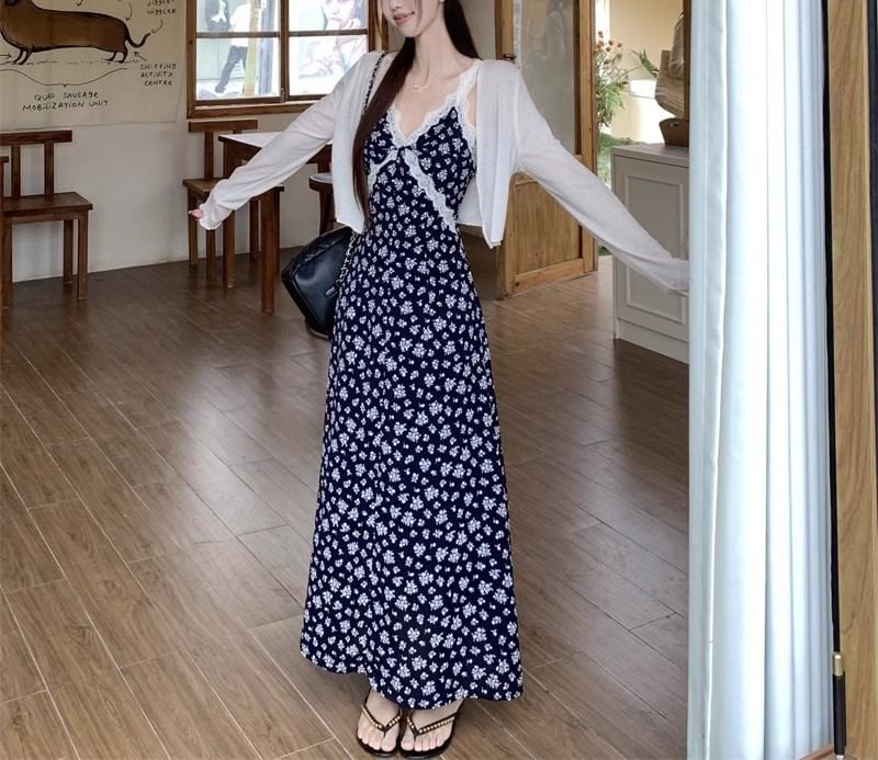 Dress Floral Maxi Print A-Line V-Neck Cardigan Sleeveless /
