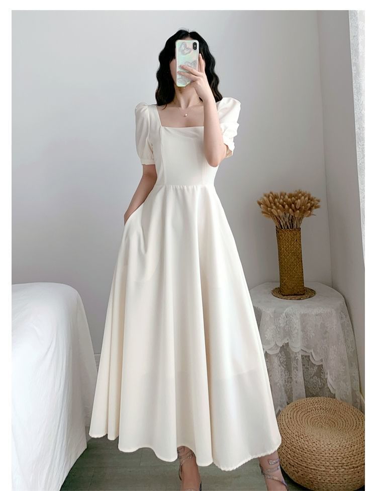 Plain Square Short-Sleeve Maxi A-Line Dress Neck