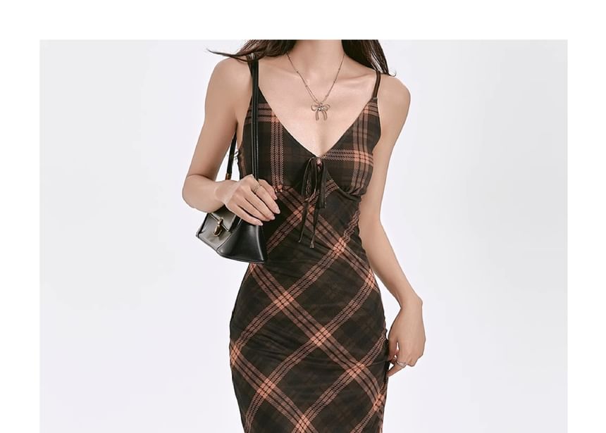 Strap Maxi Dress Plaid V-Neck Spaghetti Sheath