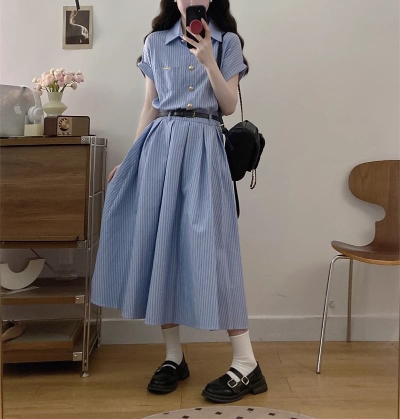 Maxi Short-Sleeve Shirt A-Line Dress Striped