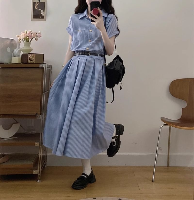 Maxi Short-Sleeve Shirt A-Line Dress Striped