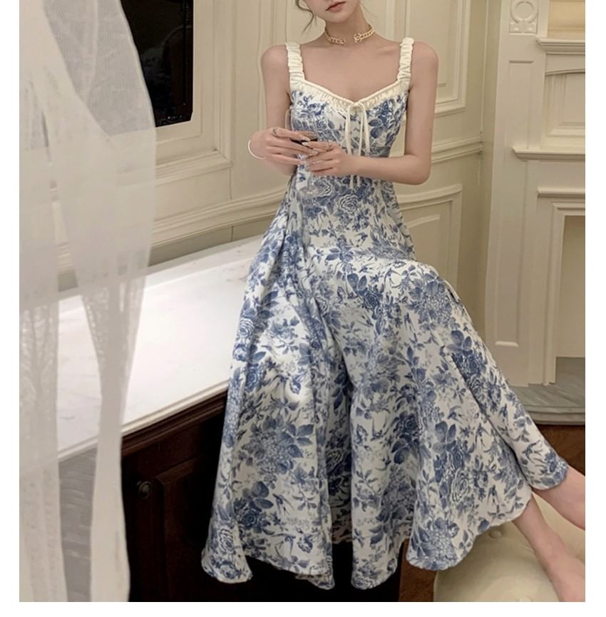 Print A-Line V-Neck Maxi Floral Dress Sleeveless