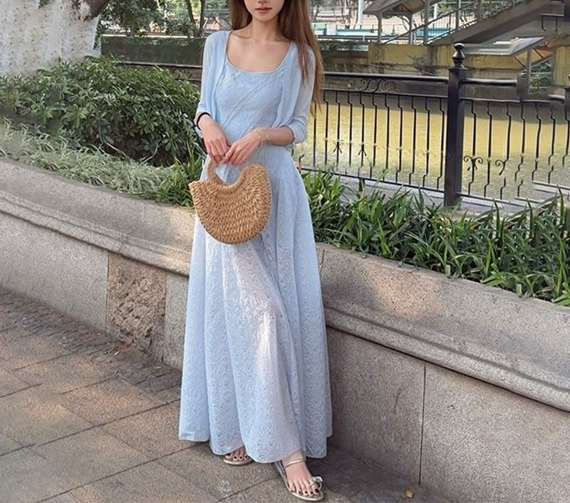 Neck Sleeveless A-Line Maxi Square Plain Dress