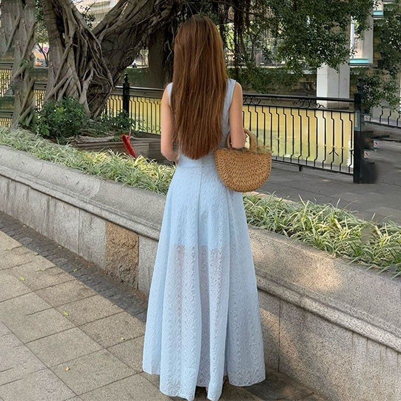 Neck Sleeveless A-Line Maxi Square Plain Dress