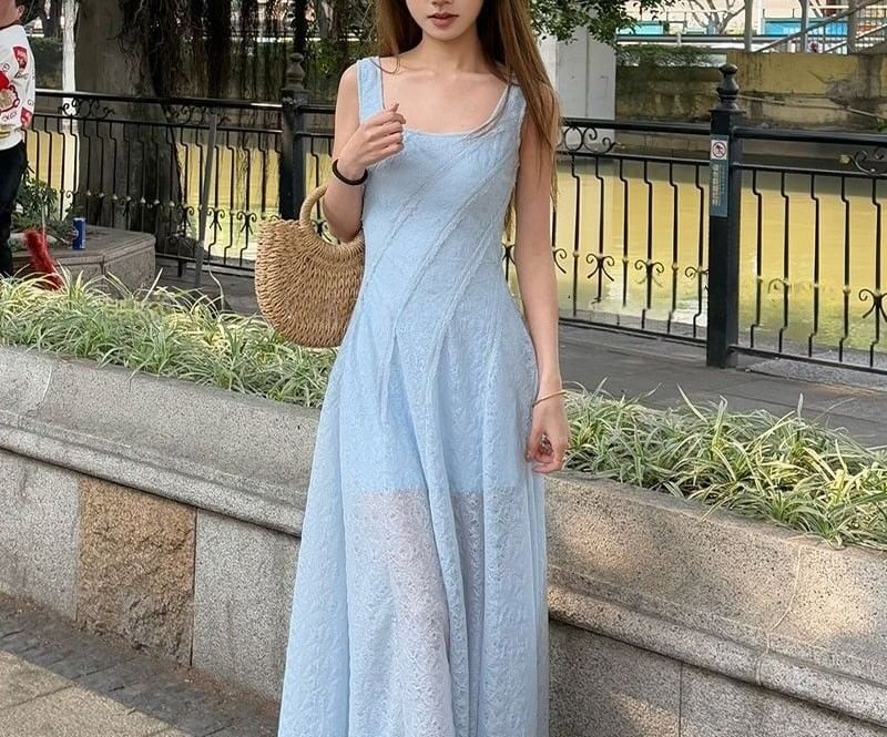 Neck Sleeveless A-Line Maxi Square Plain Dress