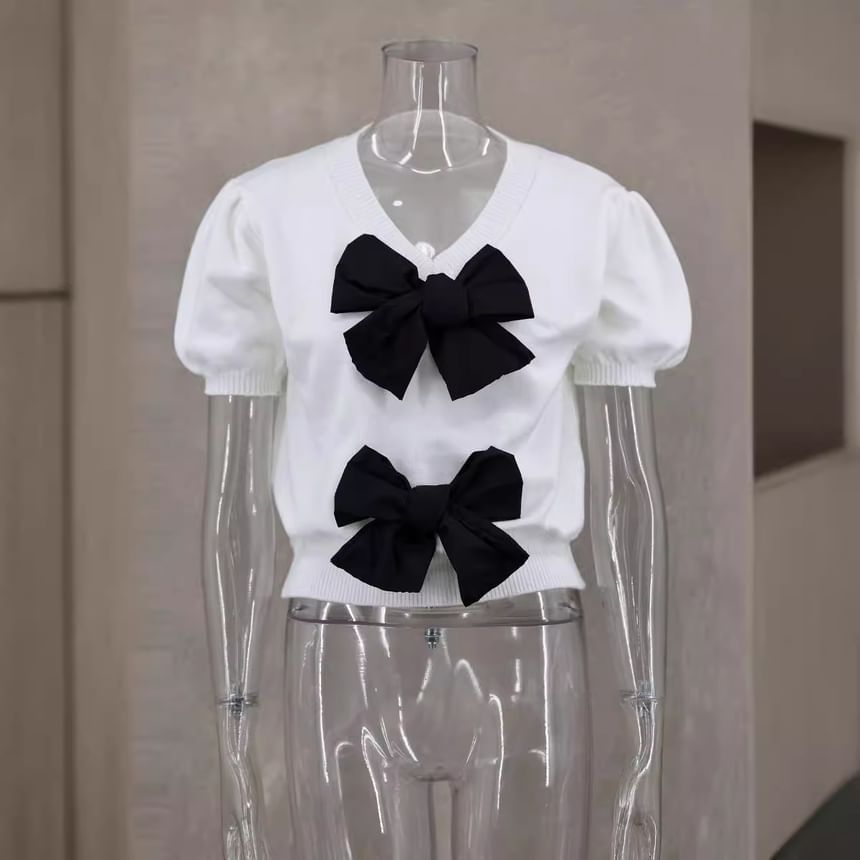 Tone Knit V-Neck Top Crop Accent Bow Two Puff-Sleeve