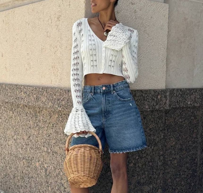 Cardigan Perforated Crop Flared-Cuff Button-Up Plain V-Neck