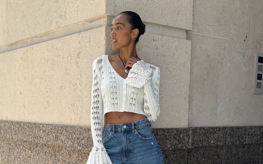 Cardigan Perforated Crop Flared-Cuff Button-Up Plain V-Neck