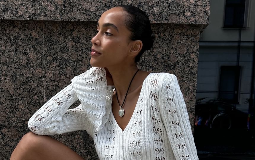 Cardigan Perforated Crop Flared-Cuff Button-Up Plain V-Neck