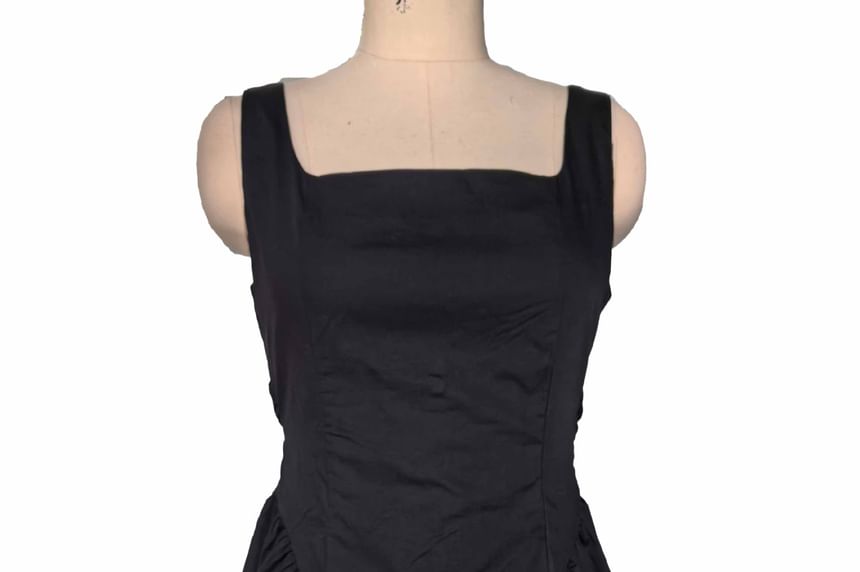 A-Line Neck Square Tie Plain Waist Back Open Mini Dress Sleeveless
