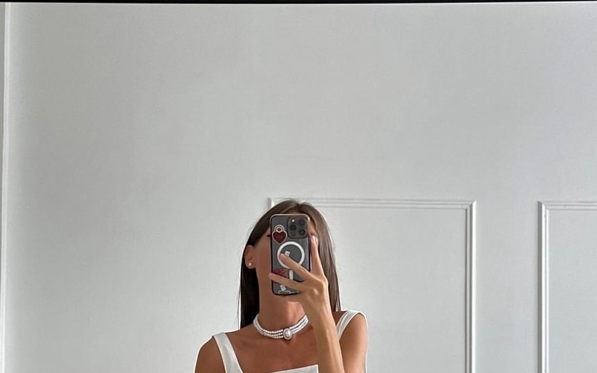 A-Line Neck Square Tie Plain Waist Back Open Mini Dress Sleeveless