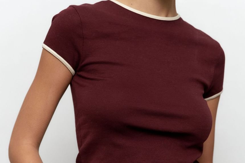 Contrast Slim Crew Tee Neck Short-Sleeve Trim Crop Fit