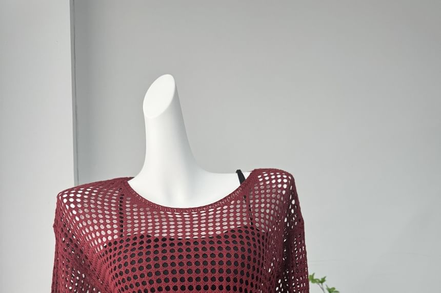 Knit Long-Sleeve Plain Neck Round Perforated Top