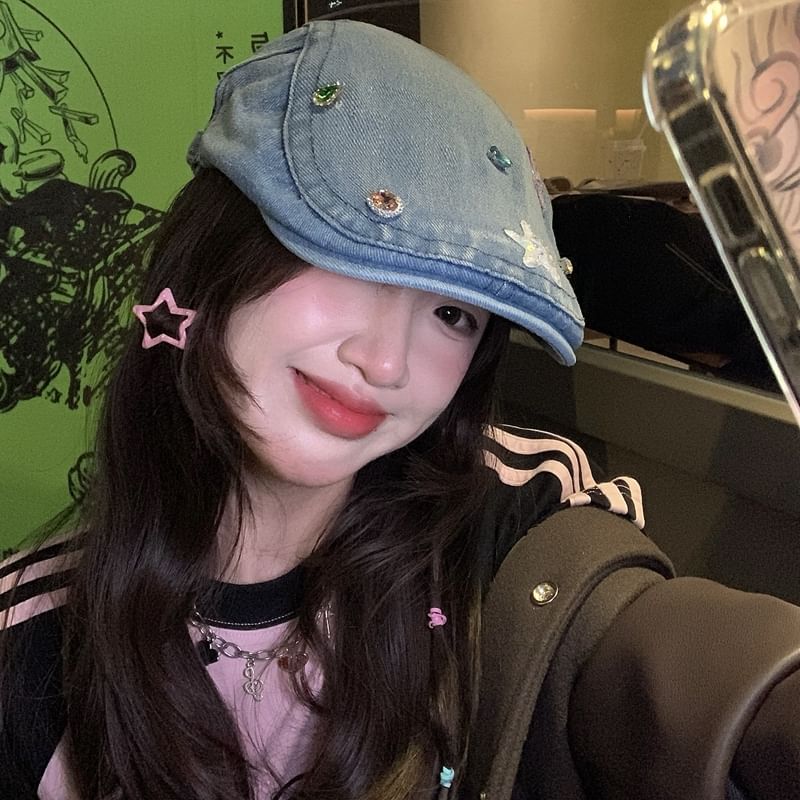 Embellished Flat Cap Denim