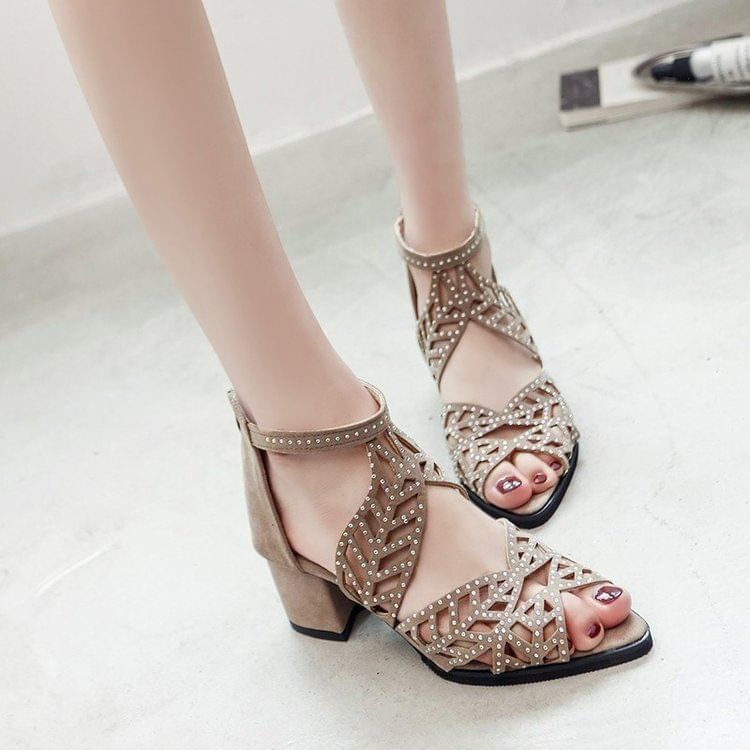 Rhinestone Faux Leather Block Heel Sandals