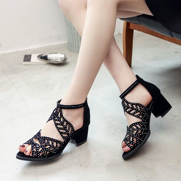 Rhinestone Faux Leather Block Heel Sandals